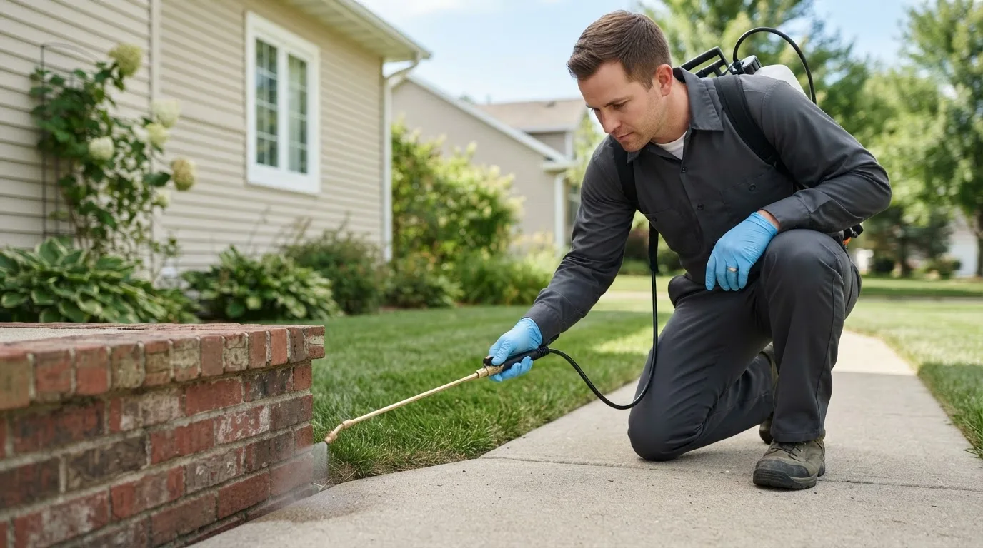 Pest control technician treating a home near Stratton, ME