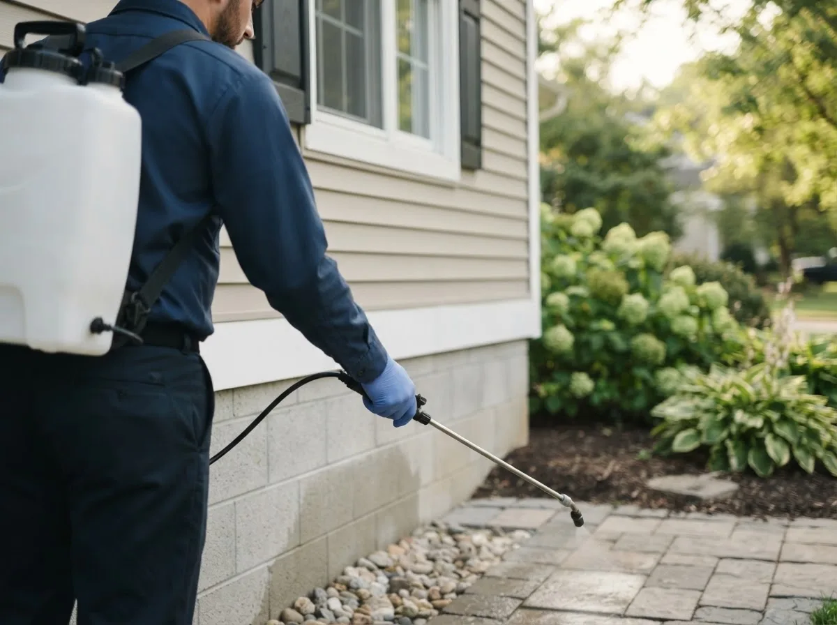 Pest control technician inspecting a home in Stratton, ME